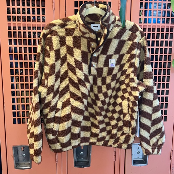 Women’s OBEY Wavy Check Popover fleece Jacket. Size Small. Brown / yello… - Picture 4 of 8